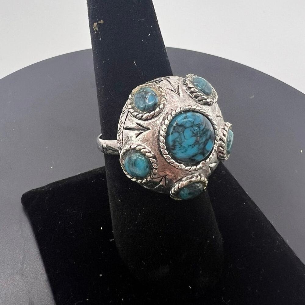 Vintage 1960s Silver Plated Adjustable Hippie Ring Turquoise Mushroom Shape